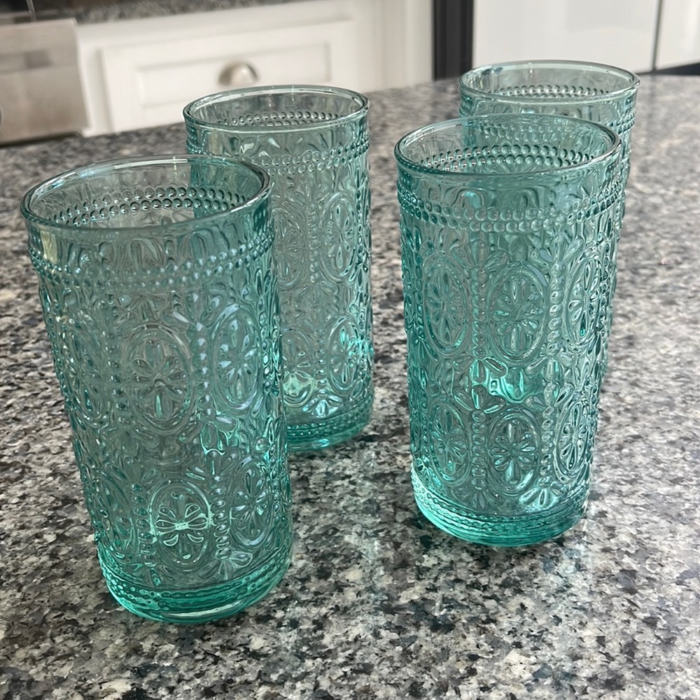 A set of 4 Decorative Tall Glasses in bluish green. 5.5” tall. New! - Picture 2 of 4